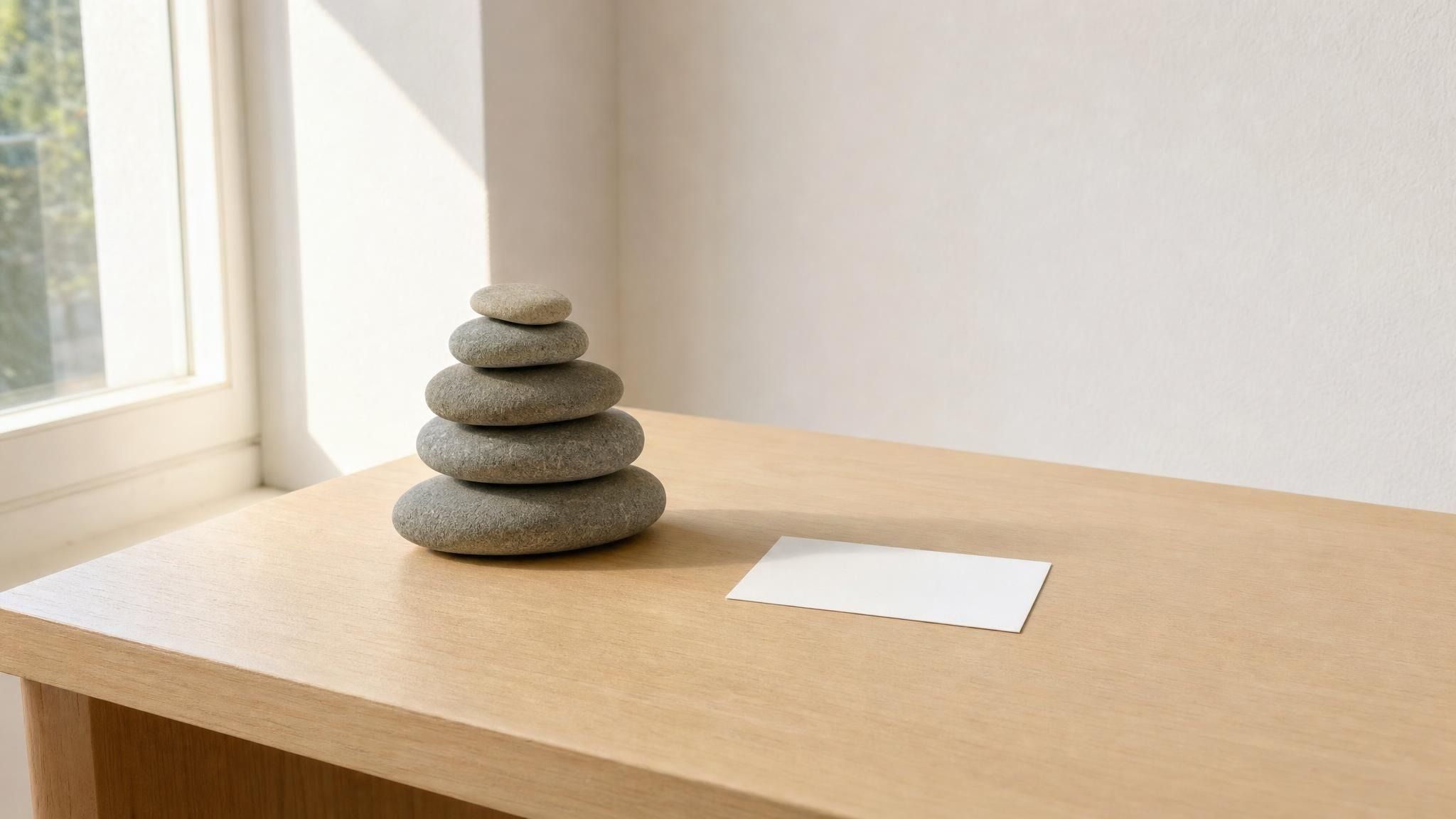 Un petit cairn de cinq pierres grises et lisses sur une table en bois pâle près d’une fenêtre, en plein jour. Une carte blanche est posée à côté.