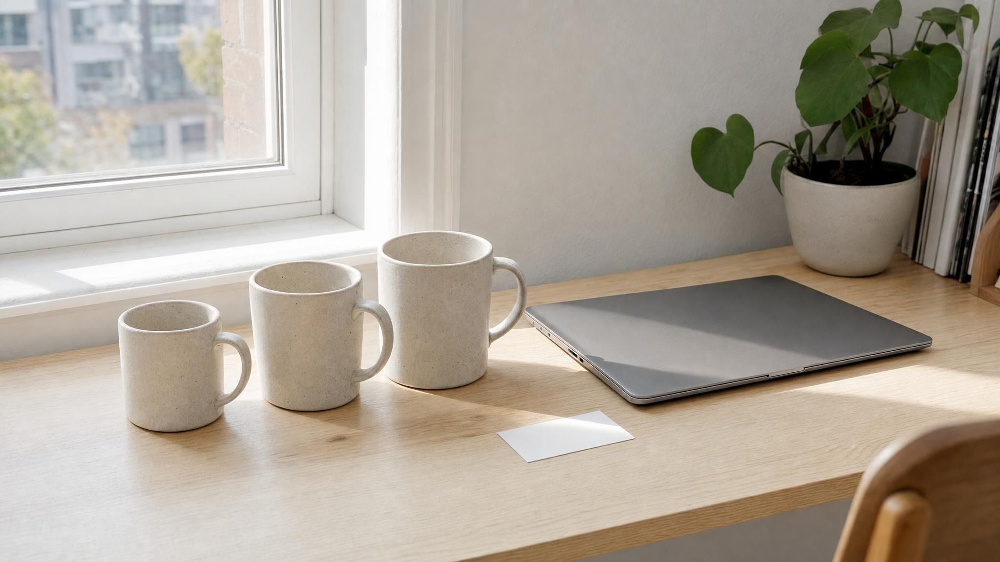A pale wood desk by a window in daylight. Three ceramic mugs in three sizes, from smallest to largest, a closed laptop and a blank white card.