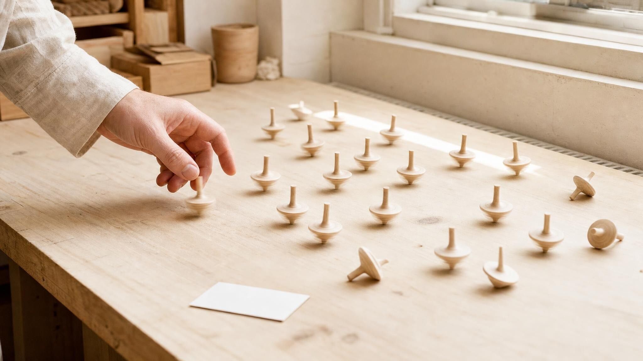 A pale wood worktable by a window, in daylight. About twenty small wooden spinning tops, most of them spinning, a few tipped over on their sides. A hand sets one more going, and a blank white card lies on the table.